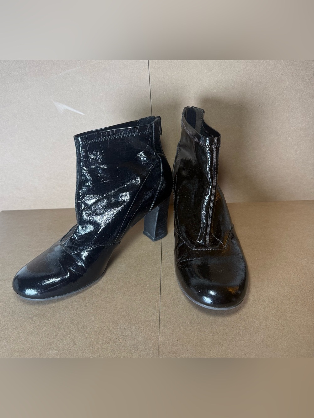 Franco Sarto Black Patent Leather Ankle Block Heel Boots Booties Size 6.5 6 1/2